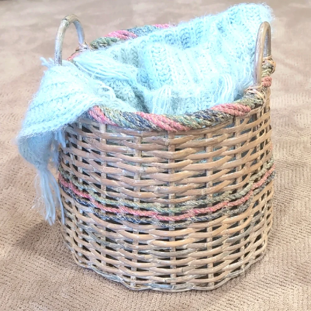 Vintage 80's Large Woven Basket With Pastel Rope Trim Accents Laundry Basket